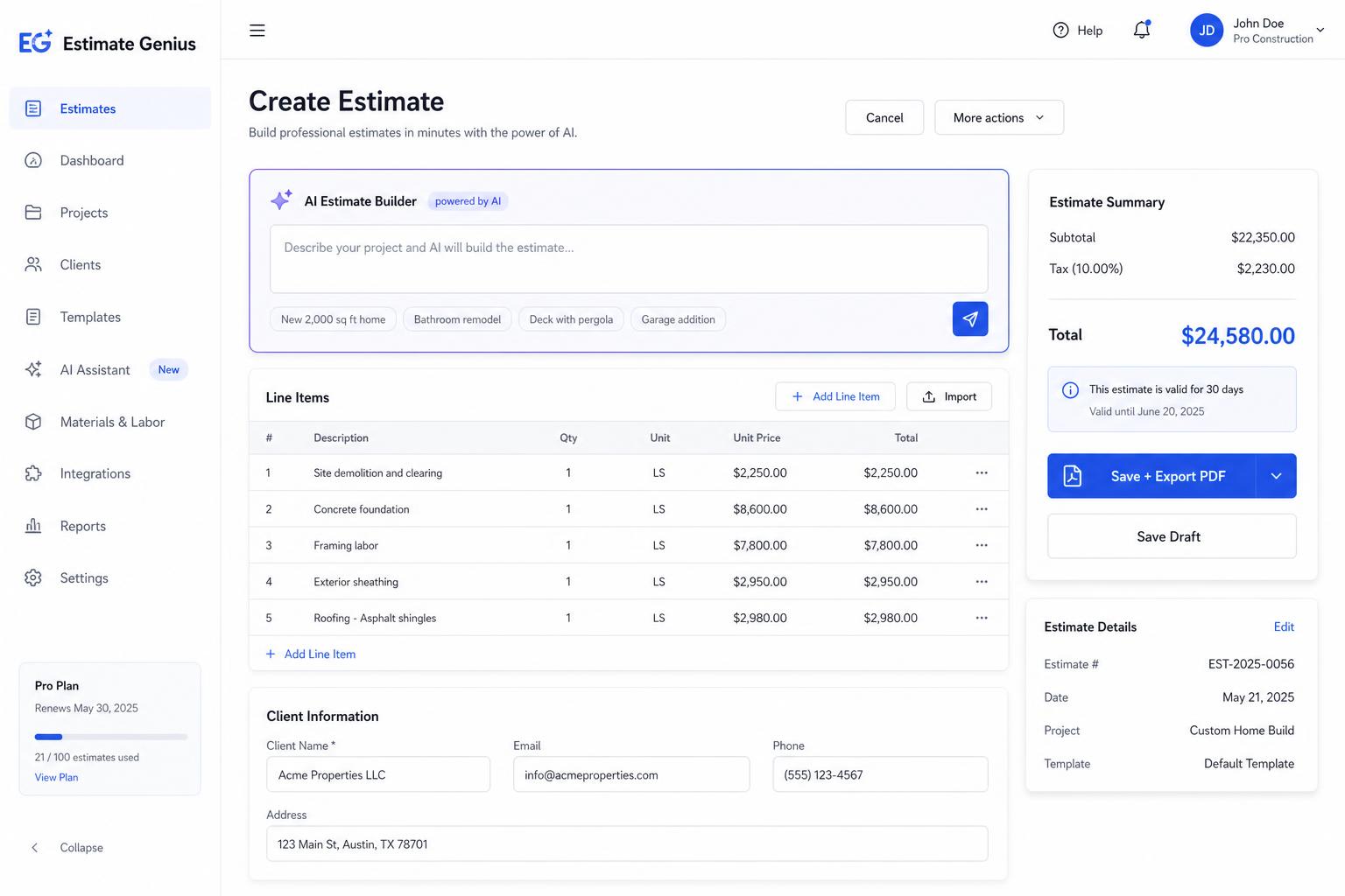 Estimate Genius — custom software screenshot