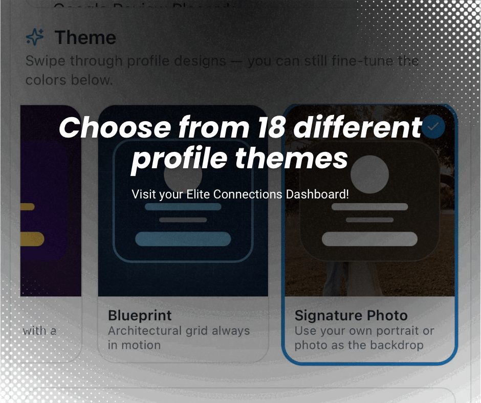 Elite Card Profile Themes picker showing several of the 18 available profile designs, including the Signature Photo theme