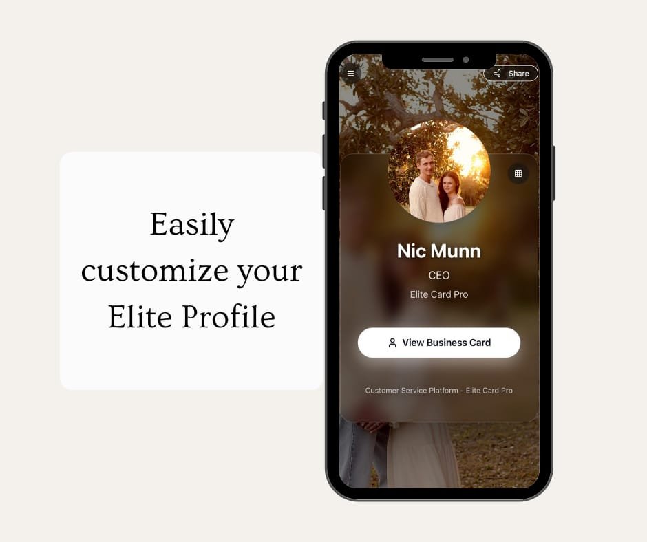 Easily customize your Elite Profile — Elite Card digital profile shown with a Signature Photo theme on an iPhone