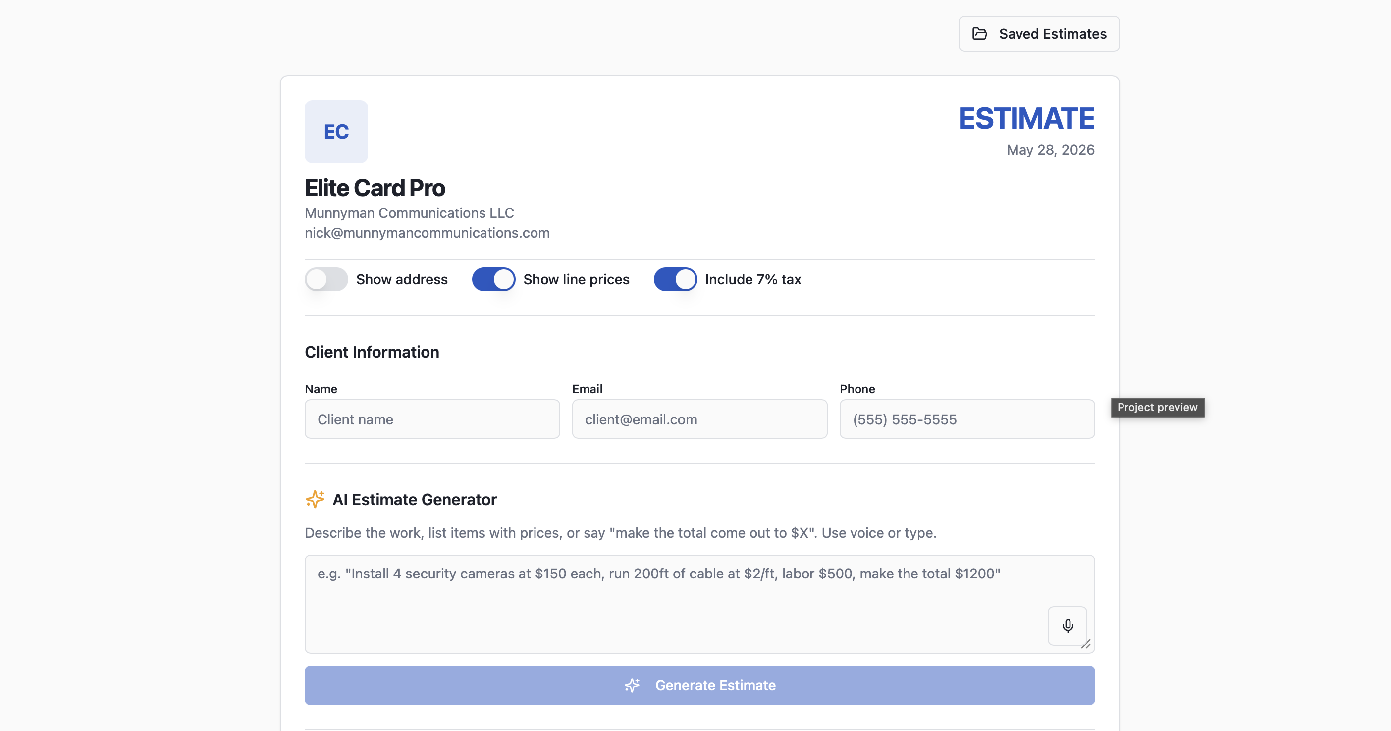 Estimate Genius — custom software screenshot
